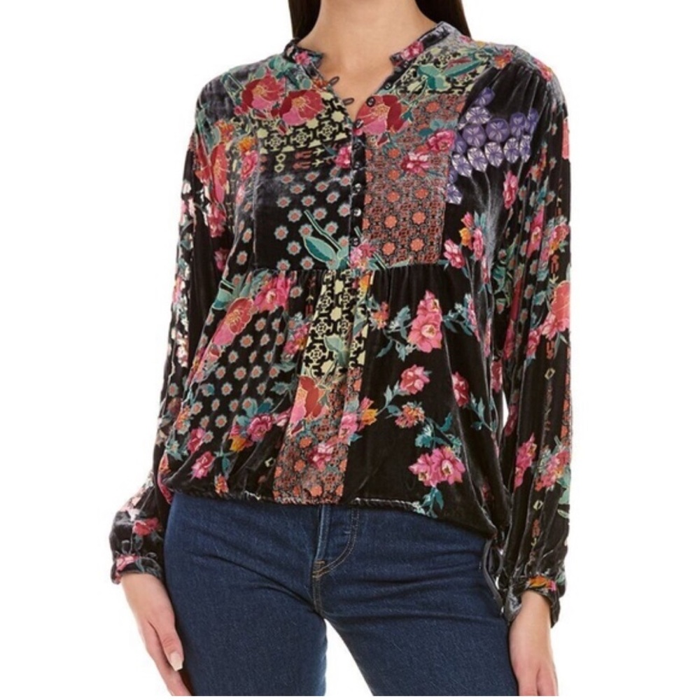 Johnny Was Cosima Floral Patchwork Burnout Velvet Blouse XXS Button Front Boho